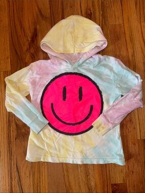 Ocean Drive Pastel Tie-Dye Hoodie with Neon Pink Smiley